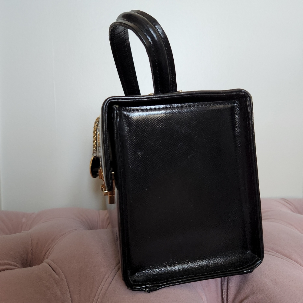 Vintage GIANNI VERSACE Sunburst Motif Hand Bag Leather Black - Picture 4 of 10